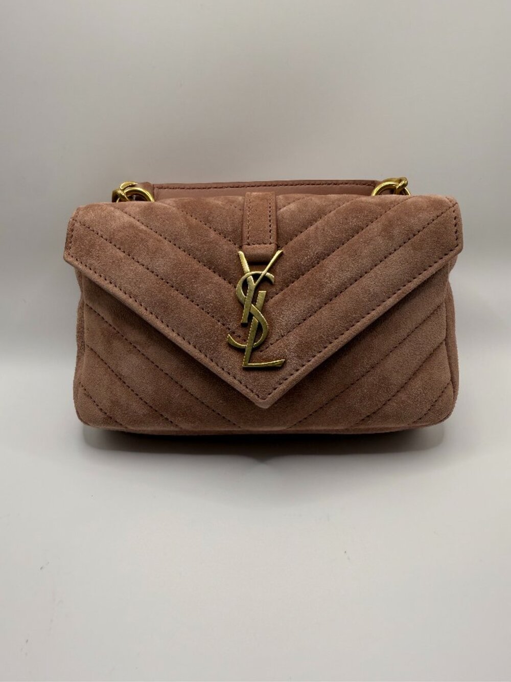 Saint Laurent Chevron College mini crossbody suede neutral barely pink